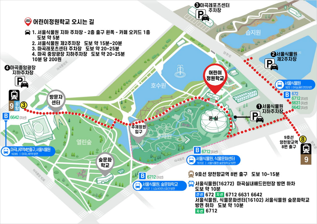 어린이정원학교 오시는길 자가용 1.서울식물원 지하주차장 - 2층 출구 왼쪽 - 카페 오키드 1층 도보 약 5분 2.서울식물원 제2주차장 도보 약 15분~20분 3.마곡 레포츠센터 주차장 도보 약 20~25분 4.마곡 중앙광장 지하주차장 도보 약 20~25분 10분 당 200원 지하철 9호선 양천향교역 8번출구 도보 10~15분, 버스 서울식물원(16272) 마곡실내배드민턴장 방면 하차 도보 약 10분, 간선 672, 지선 6712 6631 6642 서울식물원, 식물문화센터(16102) 서울식물원 숲문화학교 방면하차 도보 약 10분 지선 6712