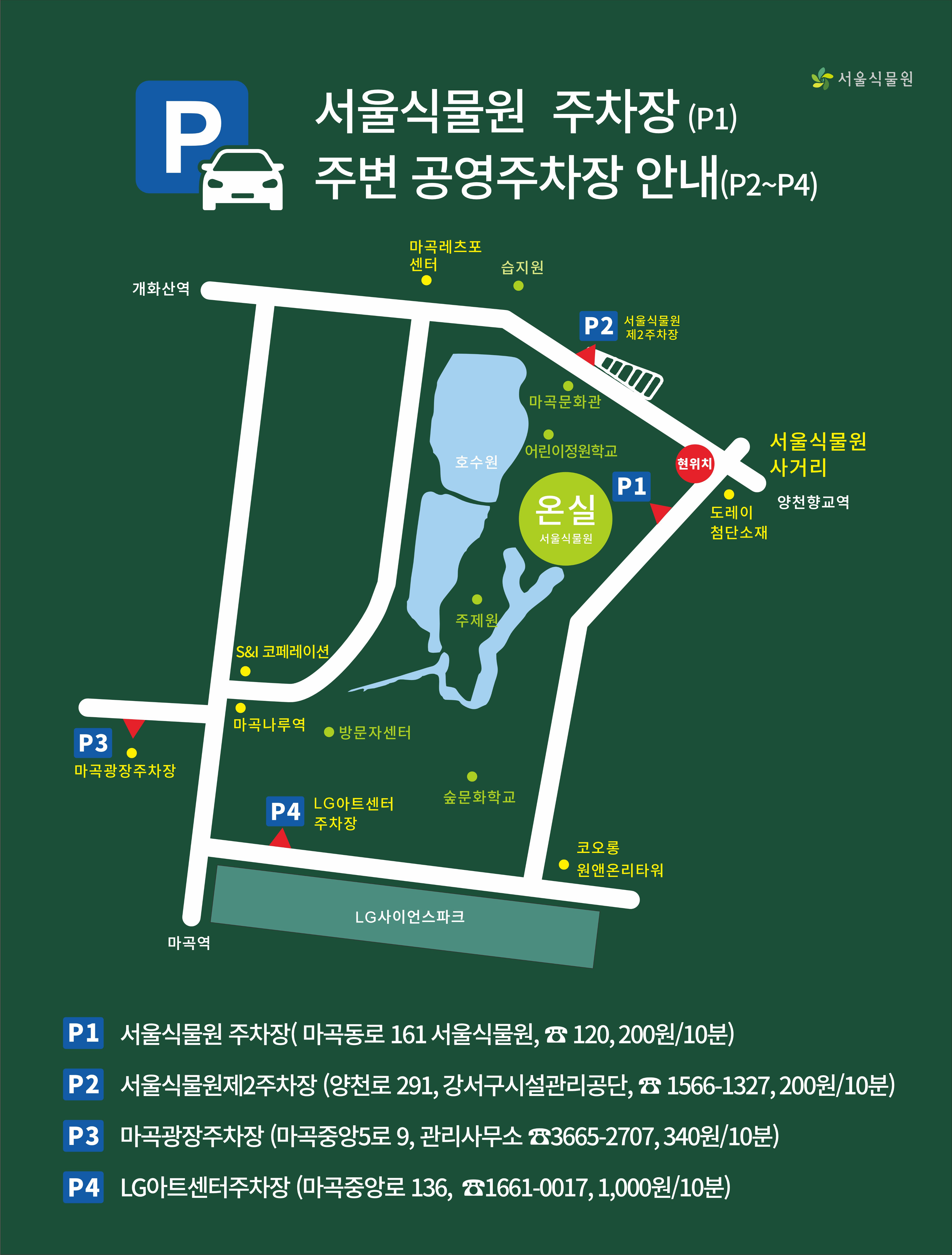 %EC%84%9C%EC%9A%B8%EC%8B%9D%EB%AC%BC%EC%9B%90%20%EC%A3%BC%EB%B3%80%EA%B3%B5%EC%98%81%EC%A3%BC%EC%B0%A8%EC%9E%A5%20%EC%95%88%EB%82%B4%EB%8F%84(2)_1.png 서울식물원 주차장(P1) 주변 공영주차장 안내(P2~P4) 개화산역 마곡레포츠센터 습지원 서울식물원 제2주차장 마곡문화관 어린이정원학교 온실 서울식물원 주제원 호수원 서울식물원사거리 양천향교역 도레이첨단소재 S&I코페레이션 마곡나루역 마곡광장주차장 방문자센터 LG아트센터 주차장 숲문화학교 코오롱원앤온리타워 LG사이언스파크 마곡역 / P1 서울식물원 주차장(마곡동로 161 서울식물원, 120, 200원/10분) / P2 서울식물원제2주차장(양천로 291, 강서구시설관리공단, 1566-1327, 200원/10분) / P3 마곡광장주차장 (마곡중앙5로 9, 관리사무소 3665-2707, 340원/10분) / P4 LG아트센터주차장(마곡중앙로 136, 1661-0017, 1000원/10분)