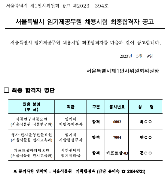 서울특별시 임기제공무원 채용시험 최종합격자 공고