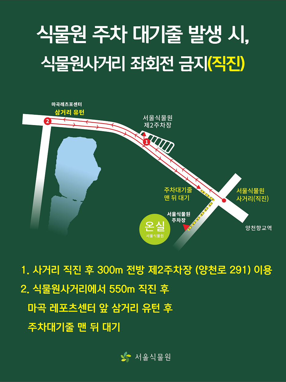 식물원 주차 대기줄 발생 시, 식물원사거리 좌회전 금지(직진) / 1. 사거리 직진 후 300m 전방 제2주차장(양천로 291) 이용, 2. 식물원사거리에서 550m 직진 후 마곡 레포츠센터 앞 삼거리 유턴 후 주차대기줄 맨 뒤 대기