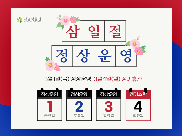 %ED%8C%9D%EC%97%85.jpg 삼일절 정상운영
3월1일(금) 정상운영, 3월4일(월) 정기휴관
3월1일(금) 정상운영
3월2일(토) 정상운영
3월3일(일) 정상운영
3월4일(월) 정기휴관