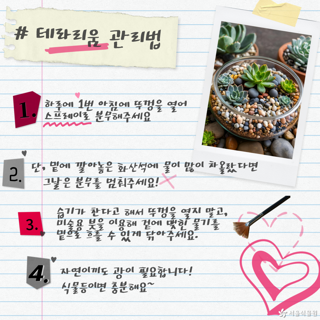 테라리움 관리법
1.	하루에 1번 아침에 뚜껑을 열어 스프레이로 분무해주세요.
2.	단, 밑에 깔아놓은 화산석에 물이 많이 차올랐다면 그날은 분무를 멈춰주세요.
3.	습기가 찬다고 해서 뚜껑을 열지 말고, 미술용 붓을 이용해 겉에 맺힌 물기를 밑으로 흐를 수 있게 닦아주세요.
4.	자연이끼도 광이 필요합니다. 식물등이면 충분해요.