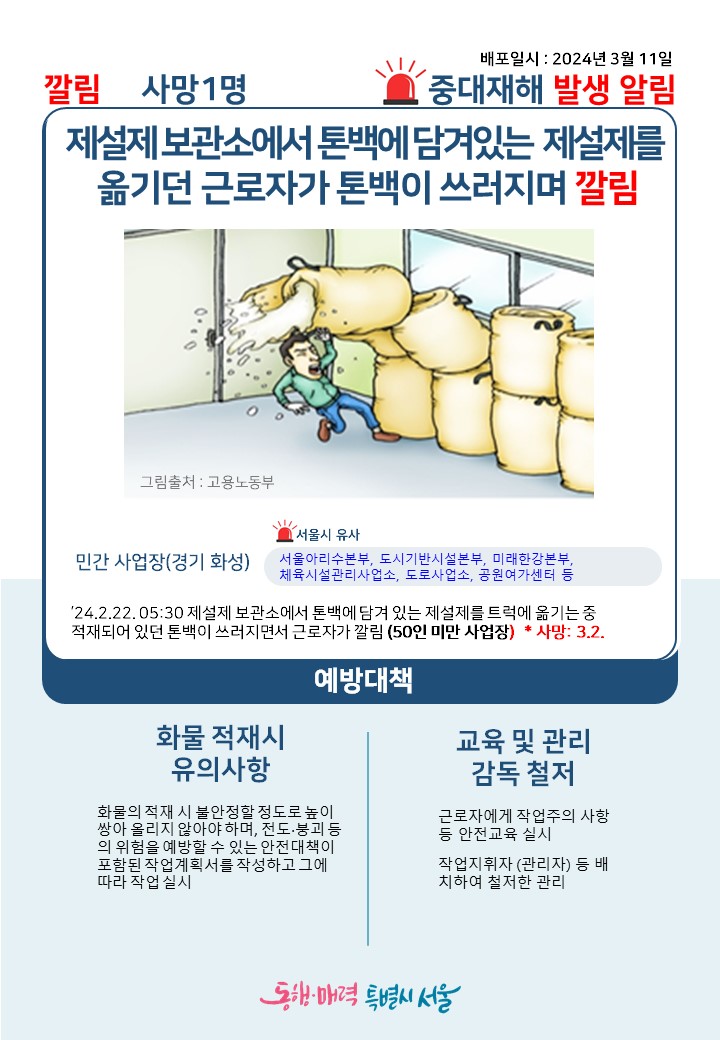 배포일시: 2024년 3월 11일 중대재해 발생 알림 깔림 사망1명 제설제 보관소에서 톤백이 담겨있는 제설제를 옮기던 근로자가 톤백이 쓰러지며 깔림 그림출처: 고용노동부 민간 사업장(경기 화성)-서울시 유사, 서울아리수본부, 도시기반시설본부, 미래한강본부, 체육시설관리사업소, 도로사업소, 공원여가센터 등 ’24.2.22. 05:30 제설제 보관소에서 톤백에 담겨 있는 제설제를 트럭에 옮기는 중 적재되어 있던 톤백이 쓰러지면서 근로자가 깔림(50인 미만 사업장)  *사망: 3.2. 예방대책 화물 적재 시 유의사항: 화물의 적재 시 불안정할 정도로 높이 쌓아 올리지 않아야 하며, 전도, 붕괴 등의 위험을 예방할 수 있는 안전대책이 포함된 작업계획서를 작성하고 그에 따라 작업 실시 교육 및 관리감독 철저: 근로자에게 작업주의 사항 등 안전교육 실시, 작업지휘자(관리자) 등 배치하여 철저한 관리